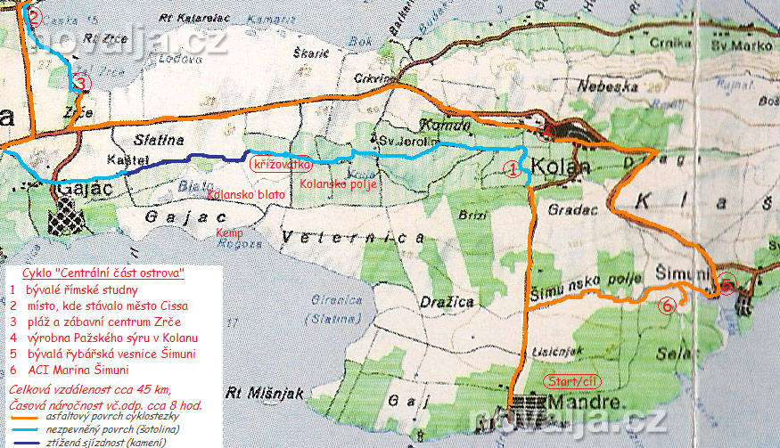 Cykloturistická mapa Cykloturistická mapa- Centrální část ostrova Pag