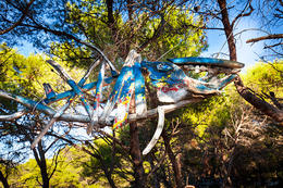 Zátoka Kordovan - dřevěná socha u FKK pláže, ostrov Jerolim, Pakleni otoci, Hvar, Chorvatsko