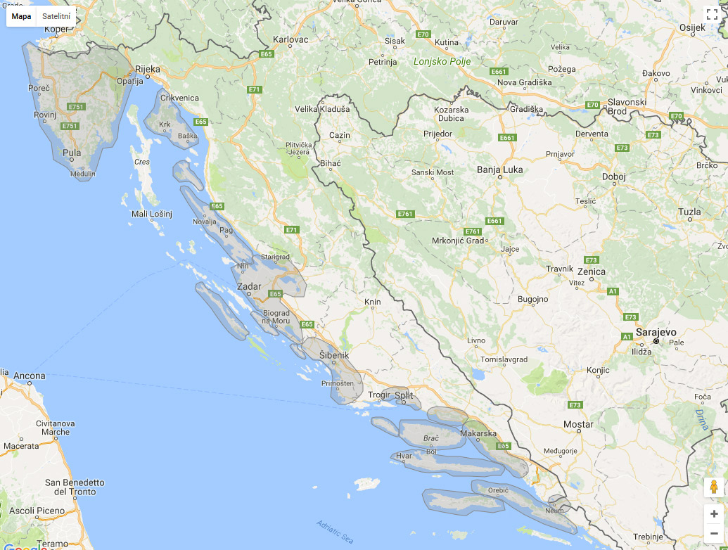 Destinácie Chorvátska na mape