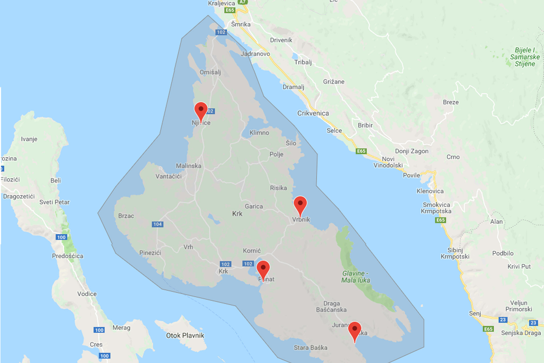 Mapa ostrova Krk