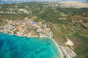 Apartmány Tanja - letecký pohled, Stará Novalja, ostrov Pag, Chorvatsko