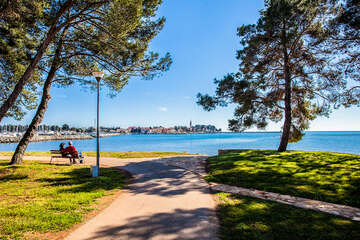 Novigrad - borovicový háj u pláže a promenády, Istrie, Chorvatsko