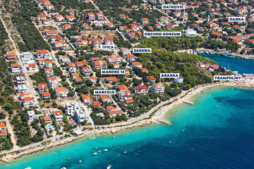 Apartmány Datković - letecký pohled, Mandre, ostrov Pag, Chorvatsko