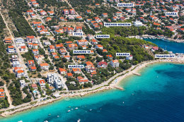 Apartmány v Mandre - letecký pohled, ostrov Pag, Chorvatsko