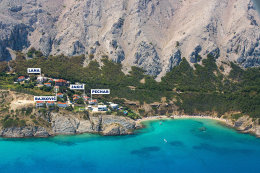 Pag-Bošana - letecký pohled na písčitooblázkovou pláž, ostrov Pag, Chorvatsko