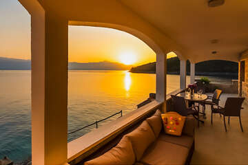 Apartmány Petar - východ slunce na terase, severní zátoky ostrova Hvaru, Chorvatsko