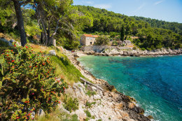 Apartmány Vlaho II - pohled na pláž v zátoce, jižní zátoky, ostrov Hvar, Chorvatsko