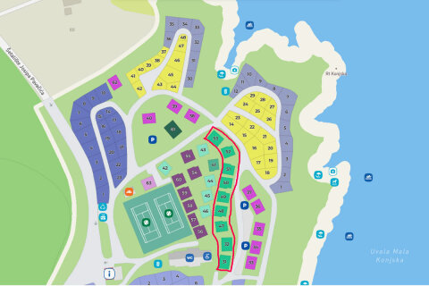 Umístění mobilhomů Superior Sea Side v kempu (č. 31, 32 a 47–53) - Mobilhome Tiha, Šilo, ostrov Krk, Chorvatsko