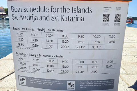 Jízdní řád 2025 na ostrov Crveni otok, Rovinj, Istrie, Chorvatsko
