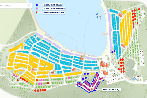 Resort Jezera Lovišća - mapa s umístěním různých typů ubytovacích jednotek, ostrov Murter, Chorvatsko
